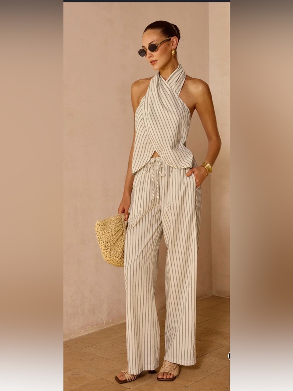 Commense Cotton Linen Cream & Gray Striped Wide-Leg Drawstring Pants &Top Set